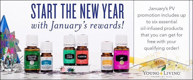 Take advantage of the January 2017 promotion from Young Living by getting these free products with your qualifying order: Eucalyptus Globulus, Basil, Peace and Calming, Helichrysum, Citrus Fresh and Joy essential oils.