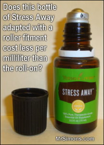 In this Stress Away comparison done side-by-side, which costs less per milliliter: the roll-on or a 15-ml bottle adapted with a roller fitment?