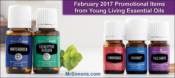 Take advantage of the February 2017 promotion from Young Living by getting these products for FREE with your qualifying order: Wintergreen, Eucalyptus Radiata, Lemongrass, PanAway and Palo Santo essential oils.