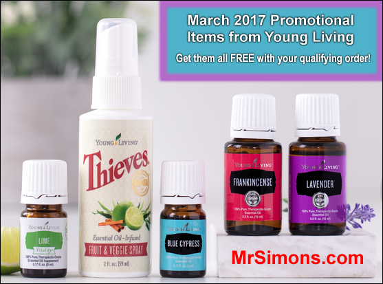 Take advantage of the March 2017 promotion from Young Living and get these products for free with your qualifying order: Lime, Blue Cypress, Frankincense and Lavender essential oils, and Thieves Fruit and Veggie Spray.