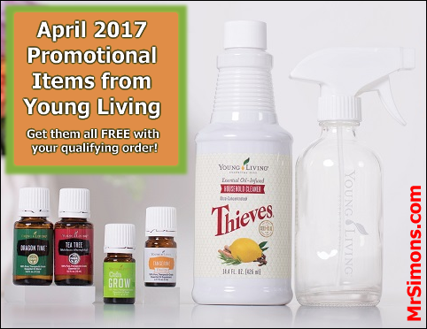 Get these items during the April 2017 promotion from Young Living Essential Oils: Dragon Time, Tea Tree, Oola Grow and Tangerine Vitality essential oils, and Thieves Household Cleaner with an 8-ounce spray bottle.