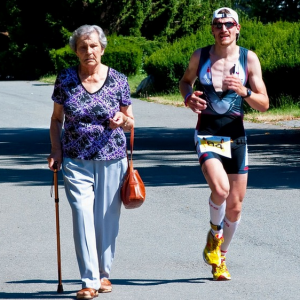 An older woman walking and a younger man running, symbolic of different stages of life in which a person may find himself or herself facing retirement. Can you catch up on retirement savings?