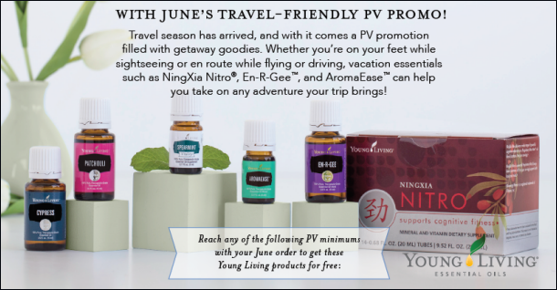 The June 2017 Promotion from Young Living Essential Oils includes Cypress, Patchouli, Spearmint Vitality, AromaEase and En-R-Gee essential oils -- as well as NingXia Nitro. Get them free with your qualifying order.