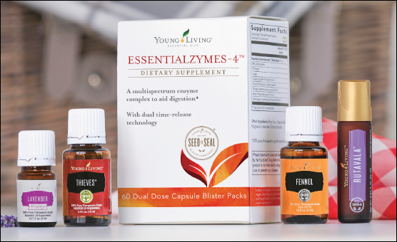 The July 2017 promotion from Young Living Essential Oils includes Lavender Vitality essential oil, Thieves essential oil blend, Essentialzymes-4, Fennel essential oil and Rutavala Roll-On.