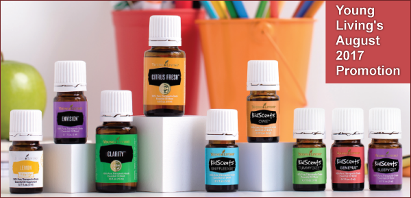 The August 2017 promotion from Young Living Essential Oils includes: Lemon Vitality, Envision, Citrus Fresh, Clarity and KidScents essential oils.