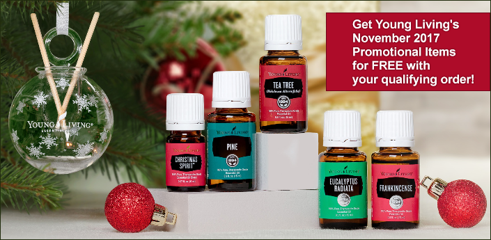 November 2017 Promotion from Young Living Essential Oils: Get these items for FREE with your qualifying order: Christmas Spirit, Pine, Tea Tree, Eucalyptus Radiata, and Frankincense essential oils -- and an ornament.