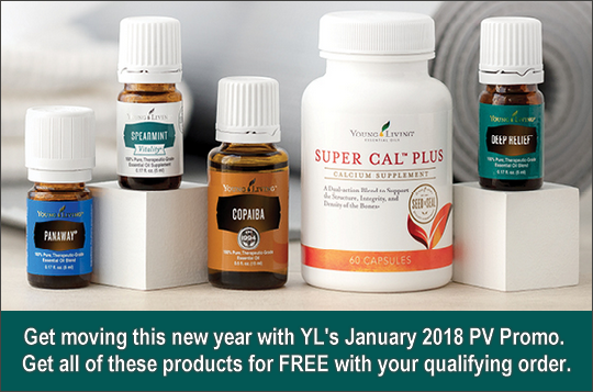 January 2018 Promotion from Young Living Essential Oils: Get these items for FREE with your qualifying order: Super Cal Plus and PanAway, Spearmint Vitality, Copaiba and Deep Relief Essential Oils.