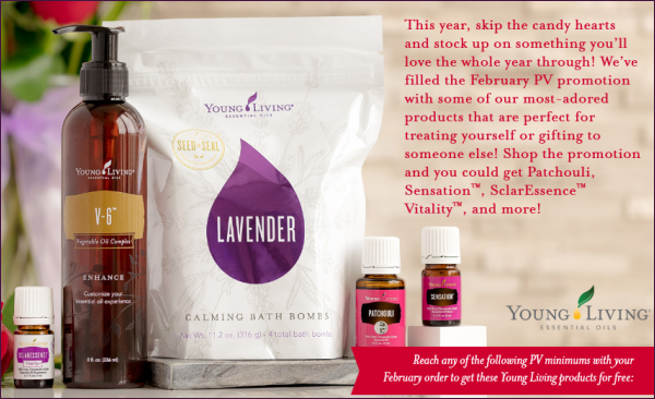 February 2018 Promotion from Young Living Essential Oils: Get these items for FREE with your qualifying order: Patchouli, Sensation, and Sclaressence essential oils, V-6 massage oil, and Lavender Calming Bath Bombs.