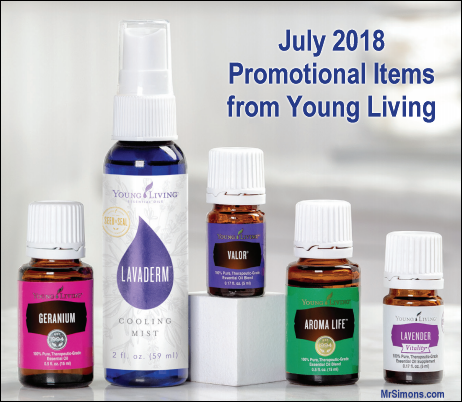 During the July 2018 Promotion from Young Living Essential Oils, get the following for free with your qualifying order: Lavaderm Cooling Mist, Geranium, Valor, Aroma Life and Lavender Vitality essential oils (singles or blends).