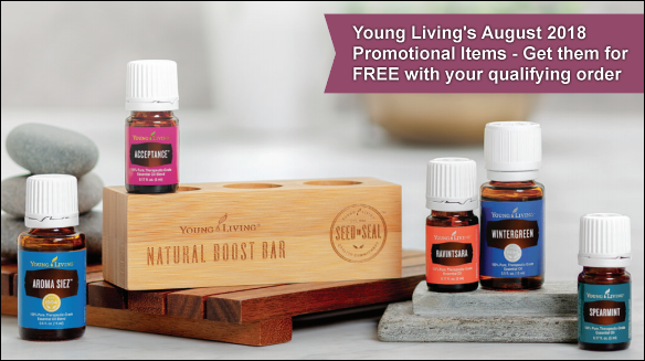 During the August 2018 promotion from Young Living Essential Oils, get the following items for free with your qualifying order: Acceptance, Aroma Siez, Wintergreen, Ravintsara and Spearmint essential oils and a Bamboo Oil Bar.