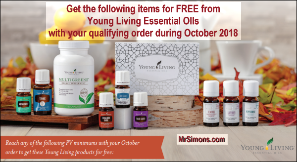 During the October 2018 promotion from Young Living Essential Oils, get the following items for free with your qualifying order: Our Seed to Seal Story Collection, MultiGreens, and Palo Santo, Thyme, AromaEase, Cinnamon Bark and Oregano Vitality essential oils.