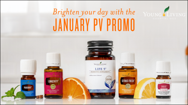 During the January 2019 promotion from Young Living Essential Oils, get the following items for free with your qualifying order: PanAway, Longevity, Citrus Fresh, and DiGize Vitality essential oils and Life 9.