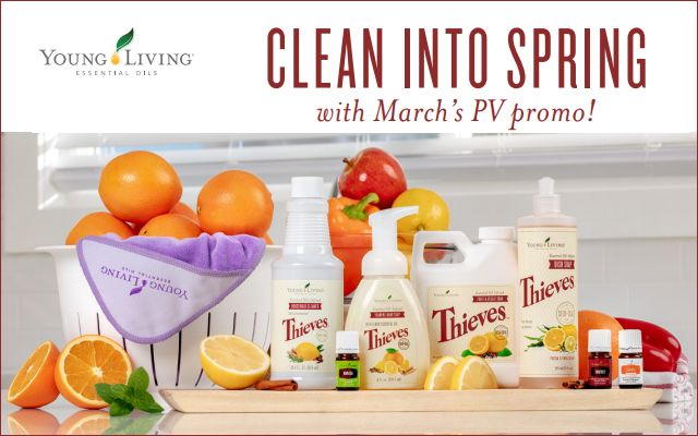 During the March 2019 promotion from Young Living Essential Oils, get the following items for free with your qualifying order: Thieves Household Cleaner, YL-branded microfiber towels, Kunzea essential oil, Thieves Foaming Hand Soap, Thieves Fruit & Veggie Soak, Thieves Dish Soap, Thieves essential oil, and Orange Vitality essential oil.