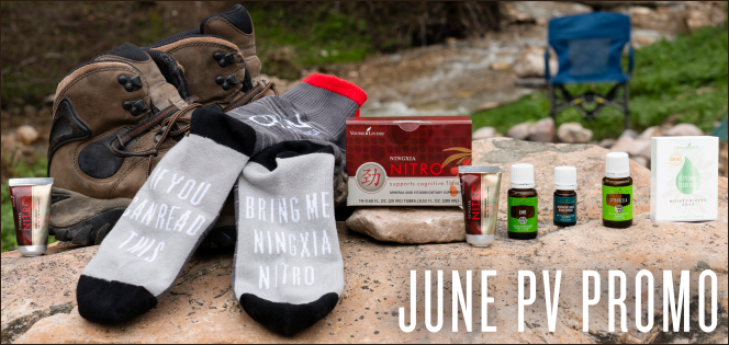 During the June 2019 promotion from Young Living Essential Oils, get the following items for free with your qualifying order: NingXia Nitro, Lime, Northern Lights Black Spruce and Citronella essential oils, Peppermint Cedarwood Soap, and NingXia Nitro-branded socks.