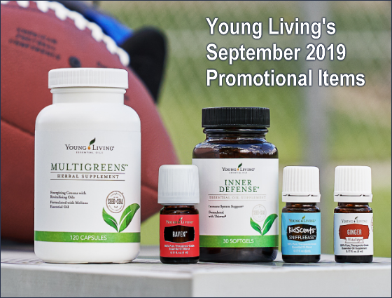 During the September 2019 promotion from Young Living Essential Oils, get the following items for free with your qualifying order: MultiGreens, Inner Defense, and these essential oils: Raven, KidScents SniffleEase, and Ginger Vitality.