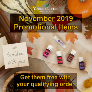 During the November 2019 promotion from Young Living Essential Oils, get the following items for free with your qualifying order: Hope, Thieves, Abundance, and Joy essential oils, Lavender Lip Balm, and 10 ER points.