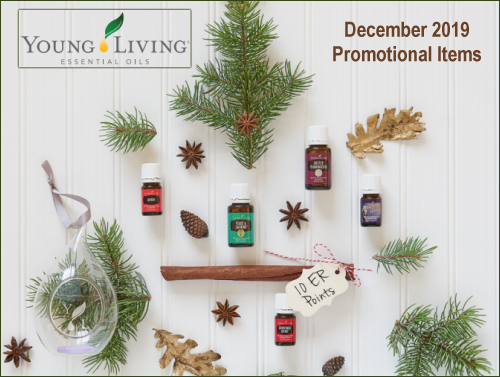 During the December 2019 promotion from Young Living Essential Oils, get the following items for free with your qualifying order: Sacred Frankincense, Egyptian Gold, Myrrh, Peace & Calming, and Christmas Spirit essential oils, Diffuser ornament, and 10 ER points.
