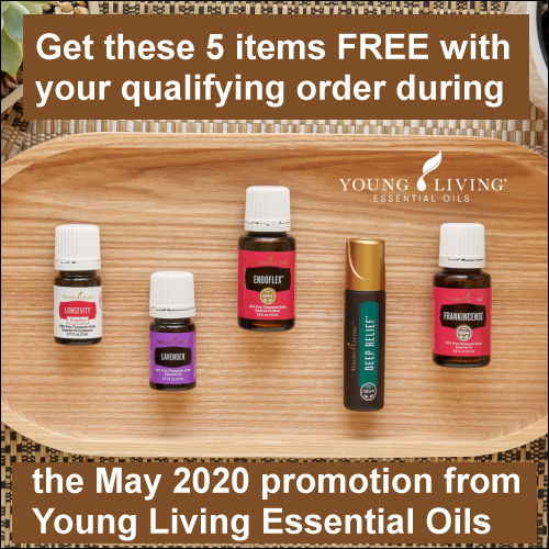 During the May 2020 promotion from Young Living Essential Oils, get the following items for free with your qualifying order: Longevity Vitality, Lavender, Endoflex, Deep Relief Roll-On, and Frankincense essential oils.