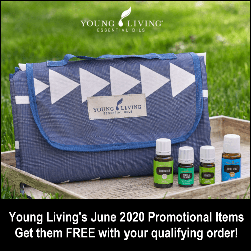 During the June 2020 promotion from Young Living Essential Oils, get the following items for free with your qualifying order: Cool Azul, Kunzea, Peace & Calming, and Citronella essential oils, and a YL-branded picnic blanket.