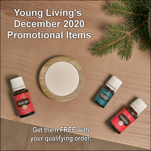 During the December 2020 promotion from Young Living Essential Oils, get the following items for free with your qualifying order: Frankincense, Breathe Again, and Northern Lights Black Spruce essential oils, mini travel passive diffuser, and free shipping.