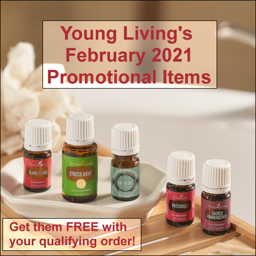 During the February 2021 promotion from Young Living Essential Oils, get the following items for free with your qualifying order: Sacred Frankincense, One Heart, Stress Away, Ylang Ylang, and Patchouli essential oils -- and free shipping.