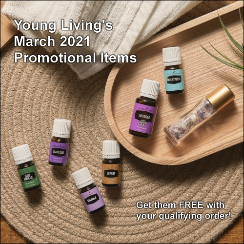 During the March 2021 promotion from Young Living Essential Oils, get the following items for free with your qualifying order: Blue Cypress, Idaho Grand Fir, RutaVaLa, Copaiba, Lavender, and Clary Sage essential oils, Amethyst Roller -- and free shipping.