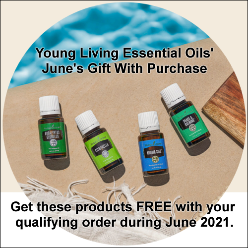 During the June 2021 Gifts With Purchase from Young Living Essential Oils, get the following items for free with your qualifying order: Peace and Calming, Aroma Siez, Citronella, and Eucalyptus Globulus (Bonus Essential Rewards) essential oils and Free Shipping.