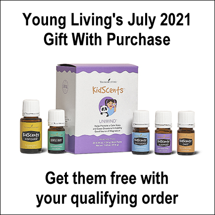 During the July 2021 Gifts With Purchase from Young Living Essential Oils, get the following items for free with your qualifying order: KidScents SleepyIze, Owie, SniffleEase, Unwind, Gentle Baby, and KidPower essential oil blends -- and free shipping.