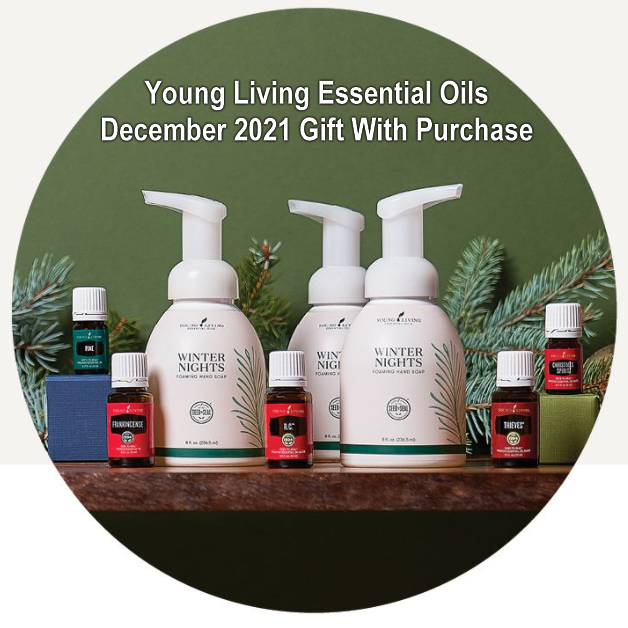 During the December 2021 Gifts With Purchase from Young Living Essential Oils, get the following items for free with your qualifying order: Frankincense, Thieves, R.C., Christmas Spirit, and Pine essential oils, Winter Nights™ Foaming Hand Soap, and Free Shipping.