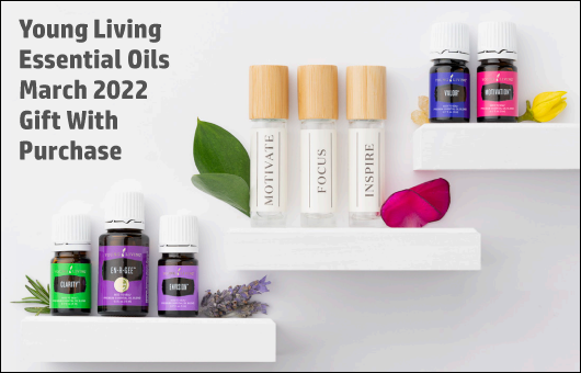During the March 2022 Gift With Purchase from Young Living Essential Oils, get the following items for free with your qualifying order: Motivation, Valor, Envision, Clarity, and En-R-Gee essential oil blends, a 3-count Roller Bottle Set, a 10 percent off enrollment coupon, and Free Shipping.
