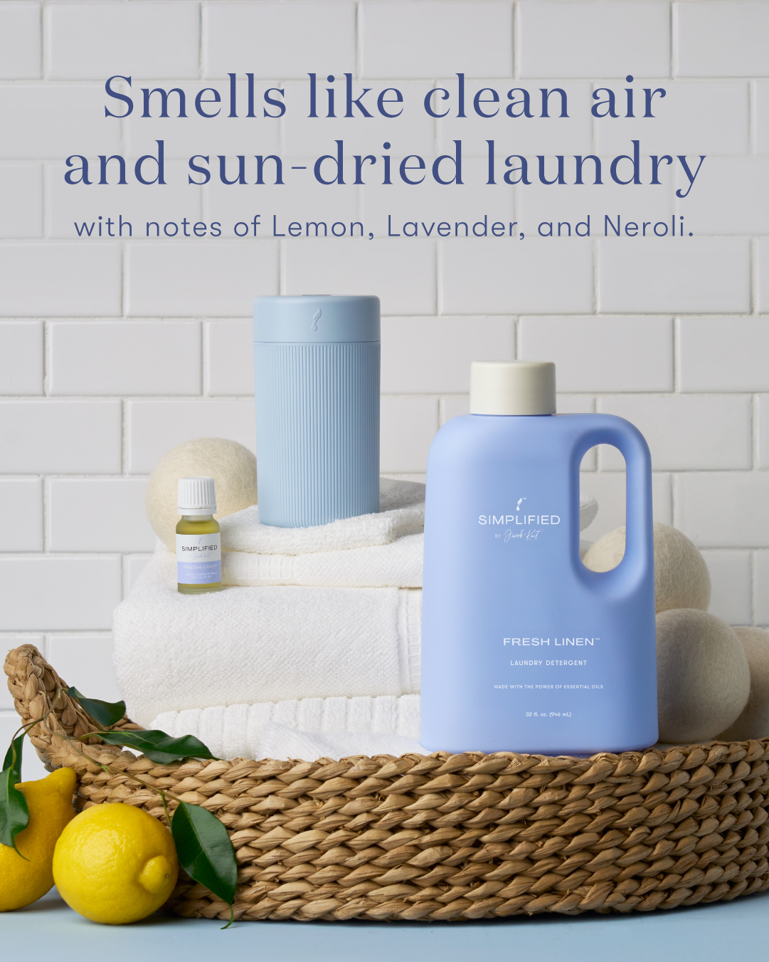 Young Living's Blue Linen Bundle with Fresh Linen essential oil blend, Fresh Linen Laundry Detergent, and Wanderful Edge Diffuser – Blue Linen